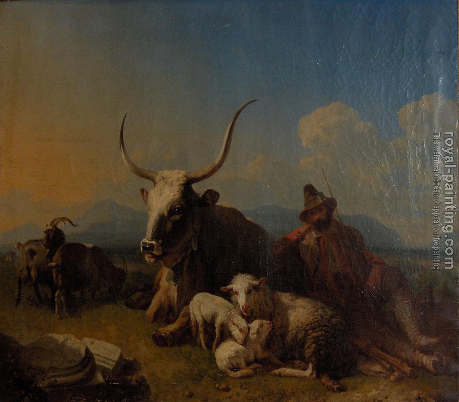 Eugene Joseph Verboeckhoven : Shepherd with animals in the countryside